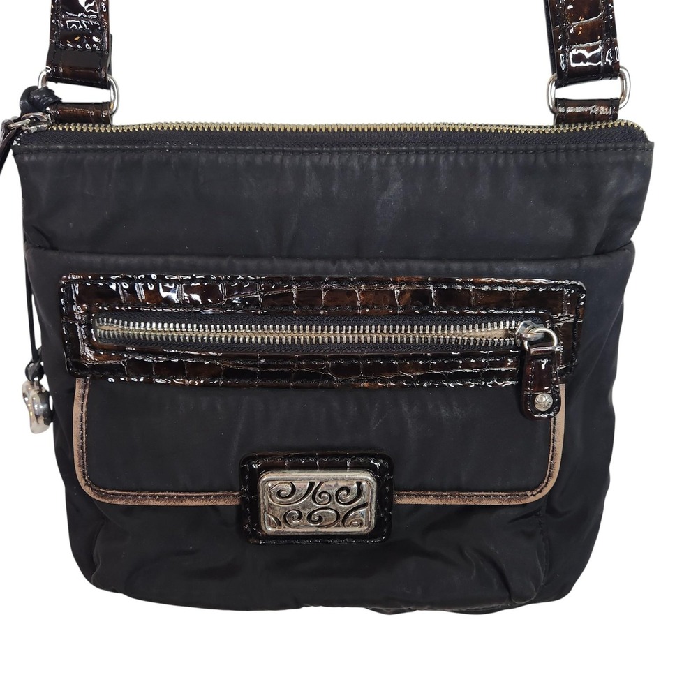 BRIGHTON Crossbody Bag Womens Black Nylon Patent Croc Trim Heart Charm Key Leash